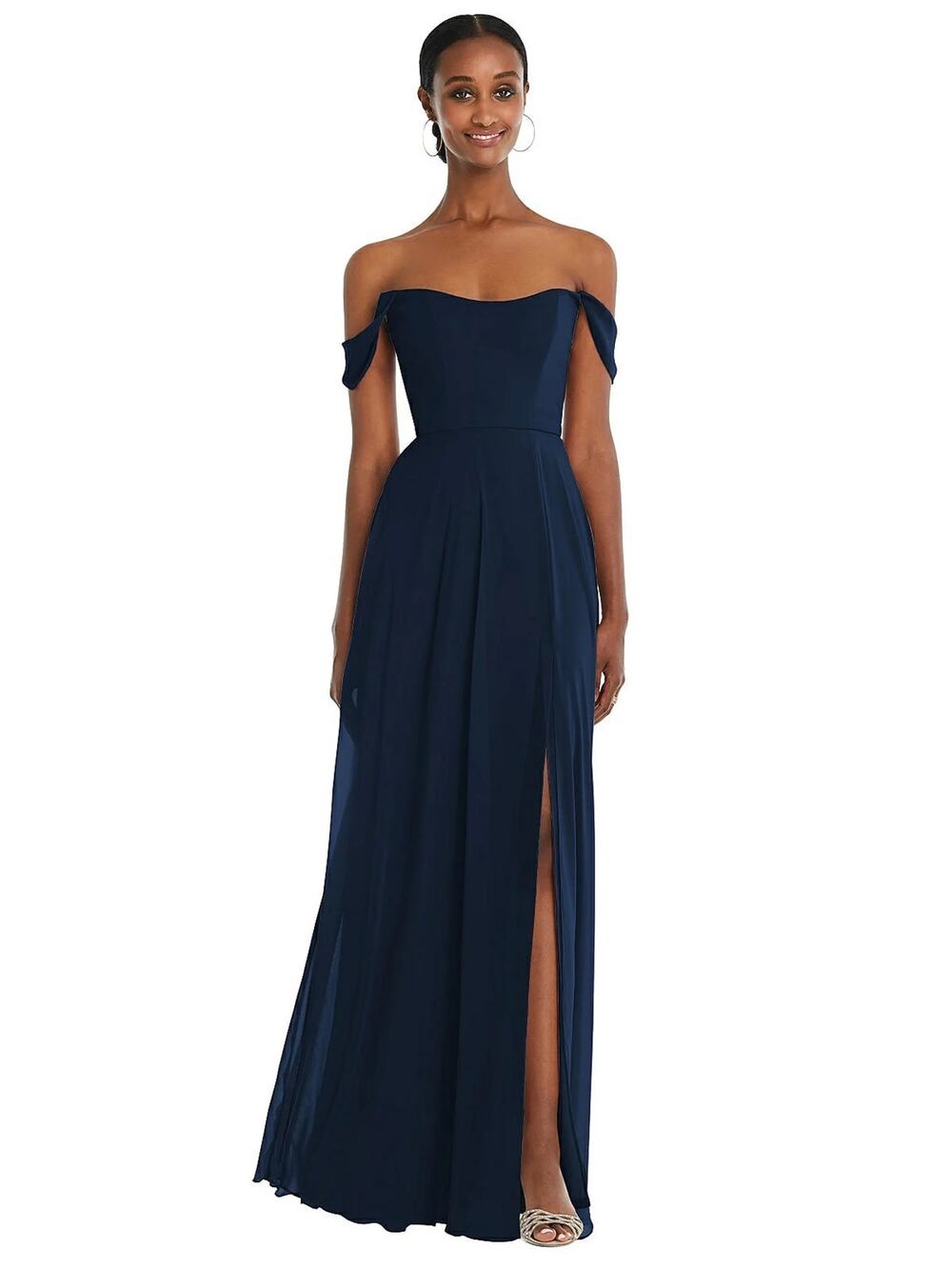 After Six Navy Lux Chiffon Gown Off Shoulder Formal Maxi 4 Prom Wedding NWOT